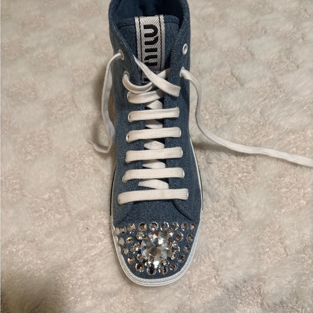 Miu Miu Blue and White Crystal-Embellished Sneakers
